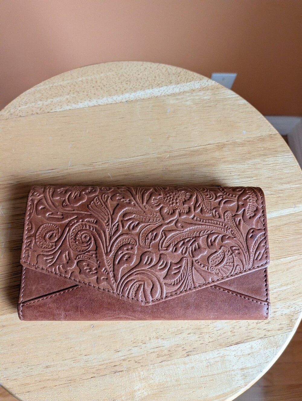 Embossed Leather Floral Envelope Wallet - Brown